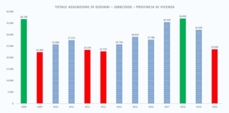 Totale assunzione di giovani 2008/2020 nella provincia di Vicenza